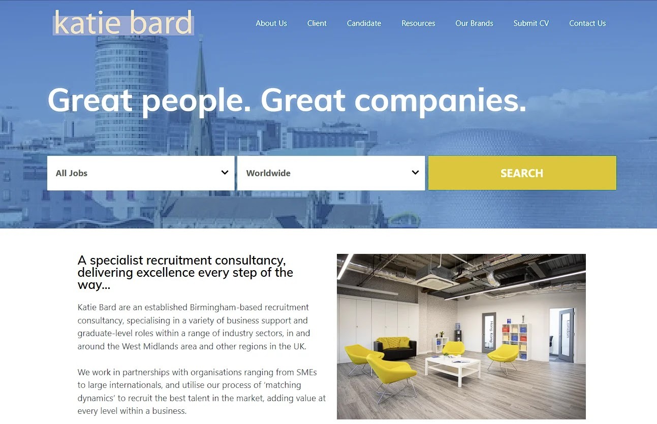 Screenshot of Birmingham-based PA and Admin recruitment agency Katie Bard’s website homepage
