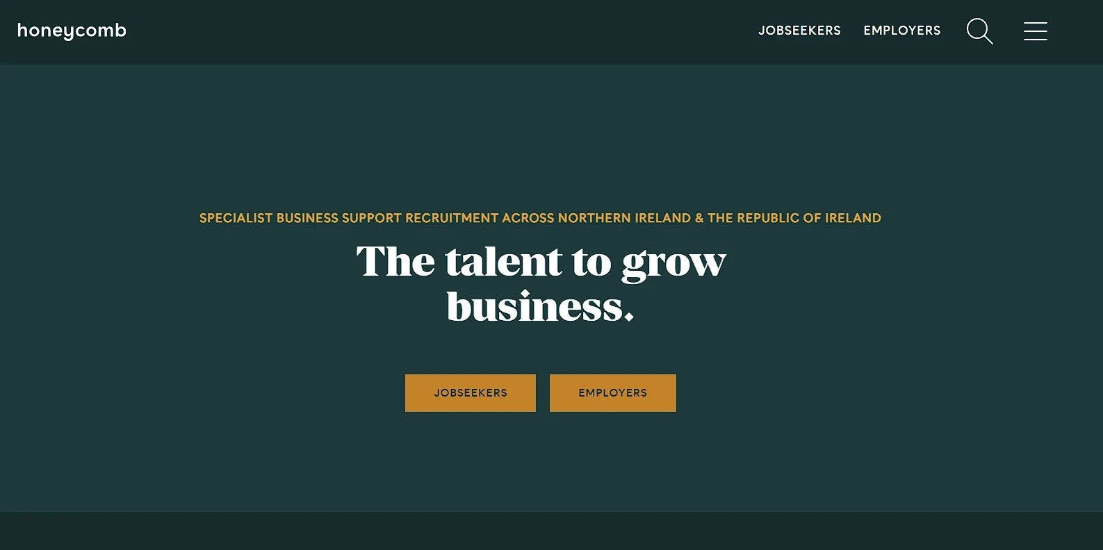 Screenshot of Belfast-based PA and Admin recruitment agency Honeycomb Jobs’ website homepage
