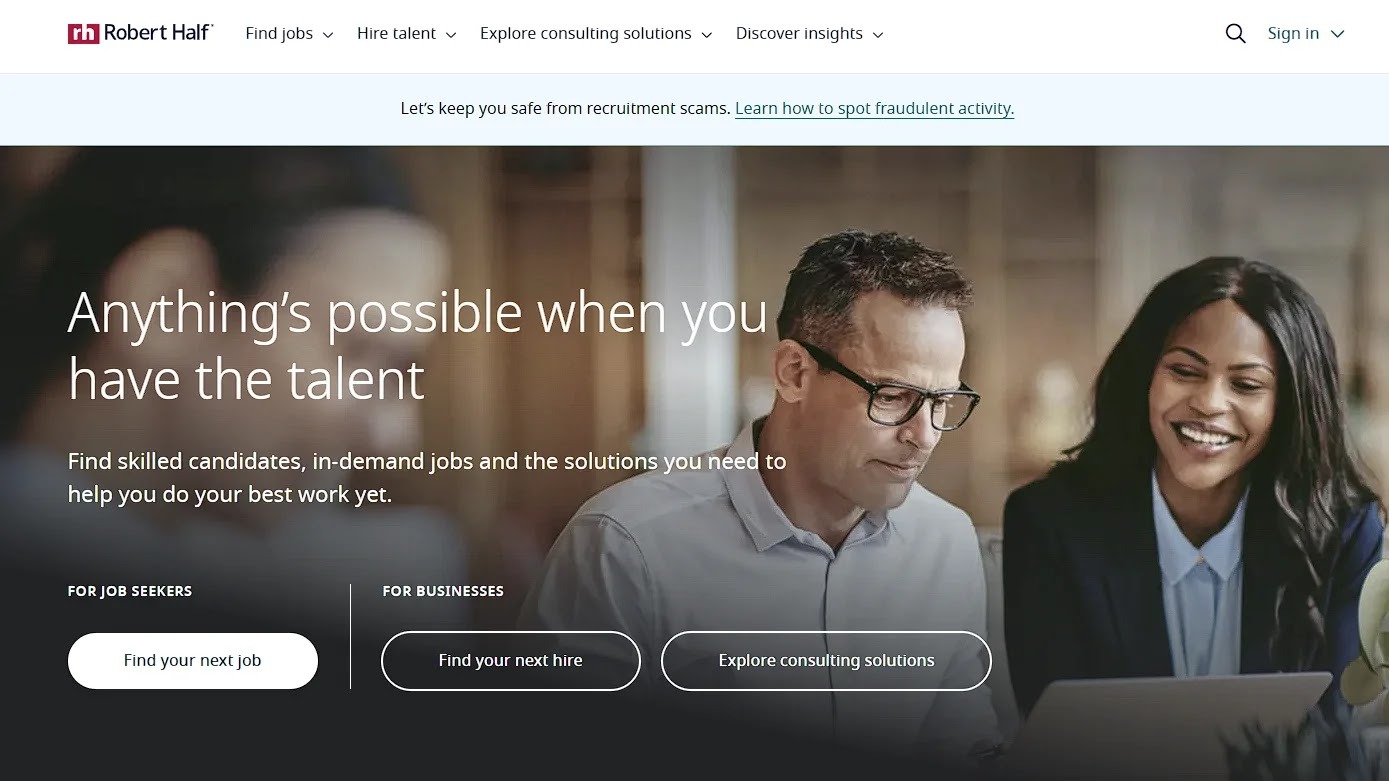 Screenshot of PA and Admin recruitment agency Robert Half’s website homepage