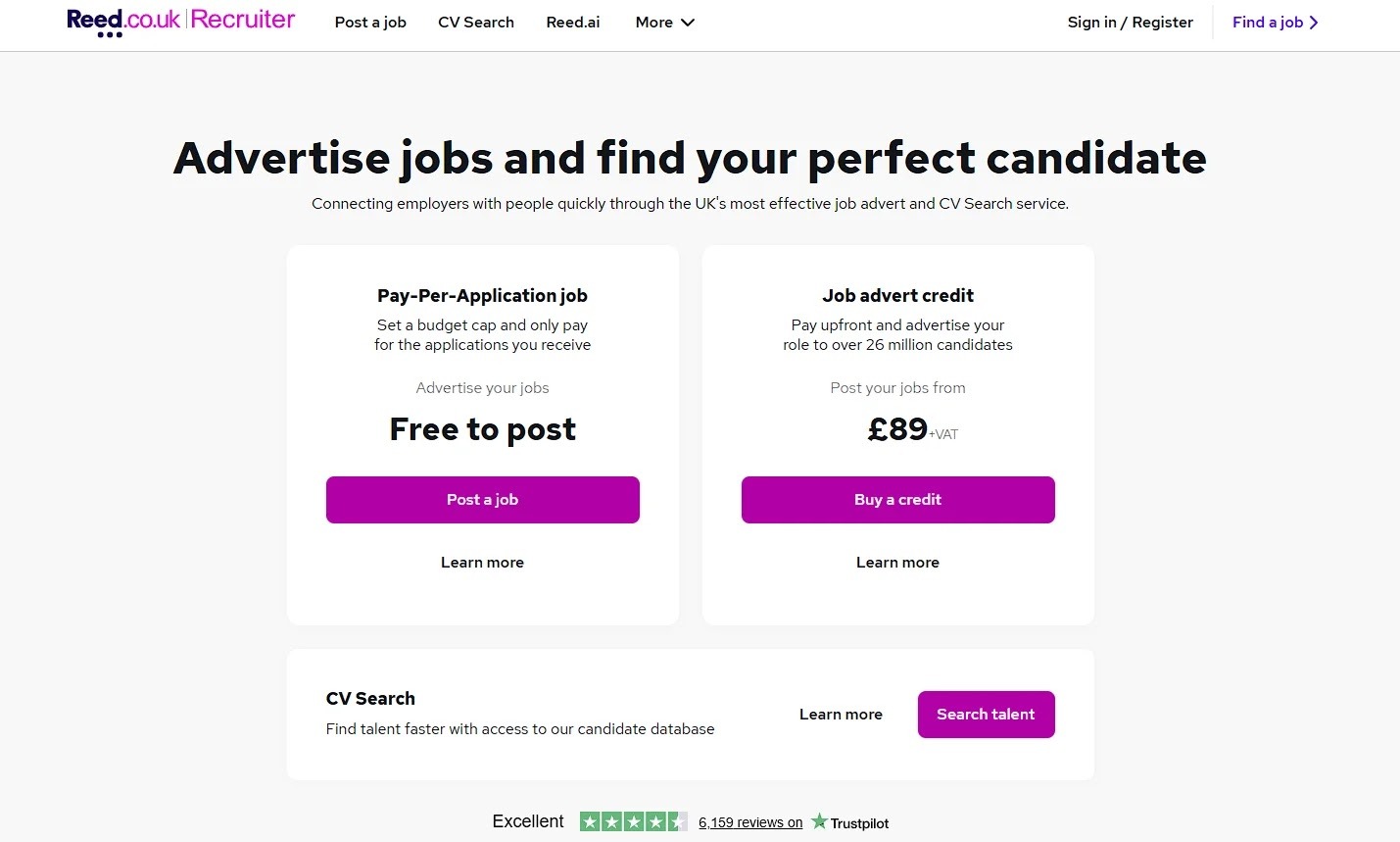 Screenshot of UK-wide recruitment agency Reed’s website homepage